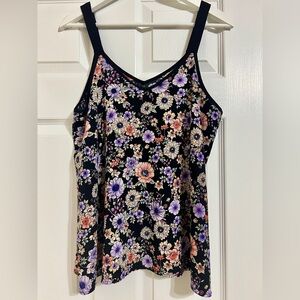 Bobeau Black Floral Spaghetti Strap Camisole with Purple & Peach Flowers